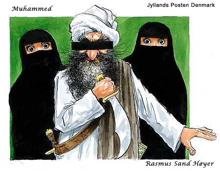 cartoon by Rasmus Sand Hoyer, two Muslim women whose eyes only are visible, looking horrified, and a Muslim man with a black rectangle blinding his vision.