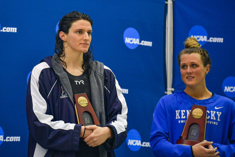 First place, transgender swimmer, Lia Thomas, and second place, Riley Gaines, winners of NCAA competition in 2023. Thomas is a head taller and much broader at the shoulders than Gaines.