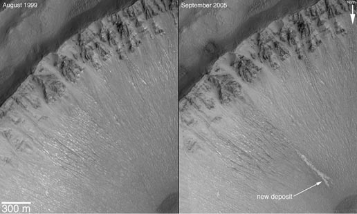 the same crater on Mars, dry in August 1999, and with a frozen water seep in September 2005