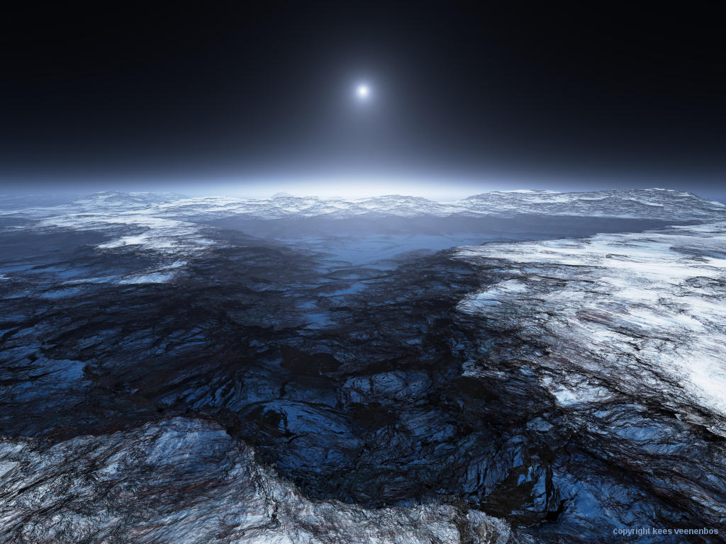 Rendering of Europa, an icy moon of Jupiter, by Kees Veenenbos, based on data from the Voyager Imaging Team